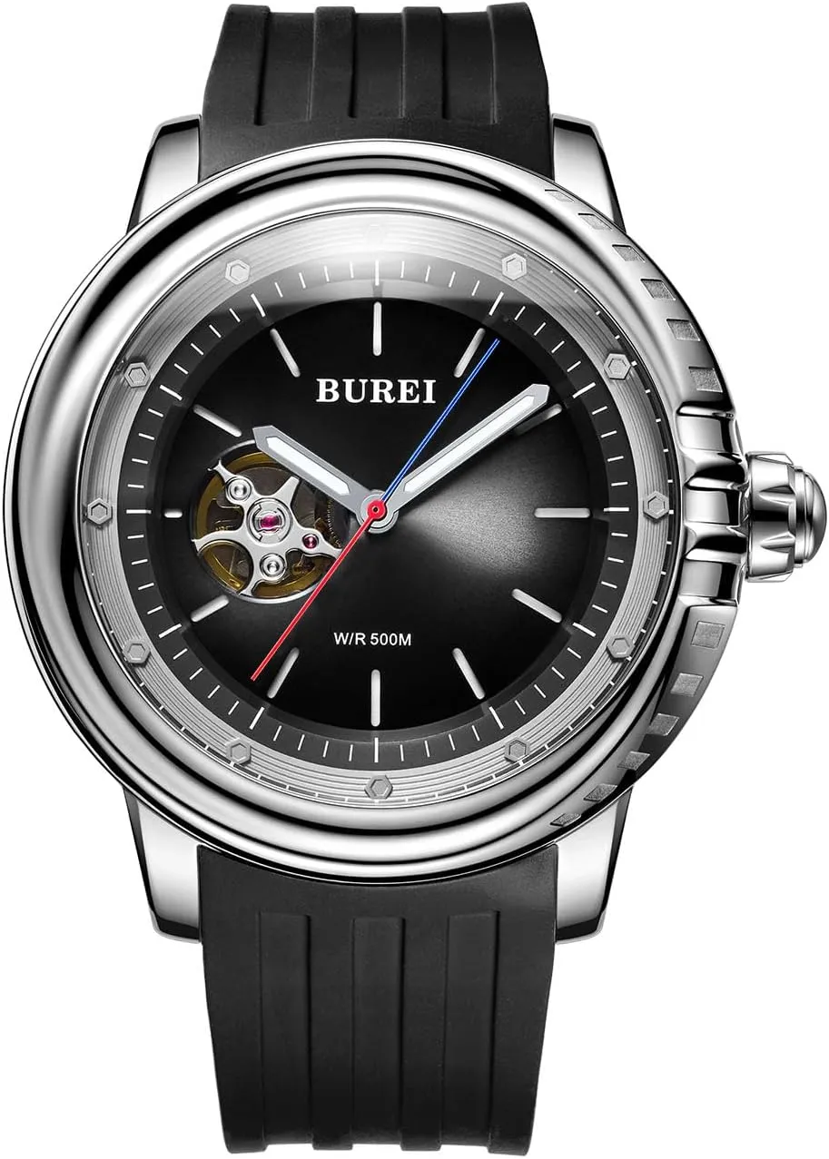 BUREI Automatic Dive Watch Sapphire Glass Wrist Watch Men's 500m Waterproof Watch with Rubber StrapLuminous Hands and Markers