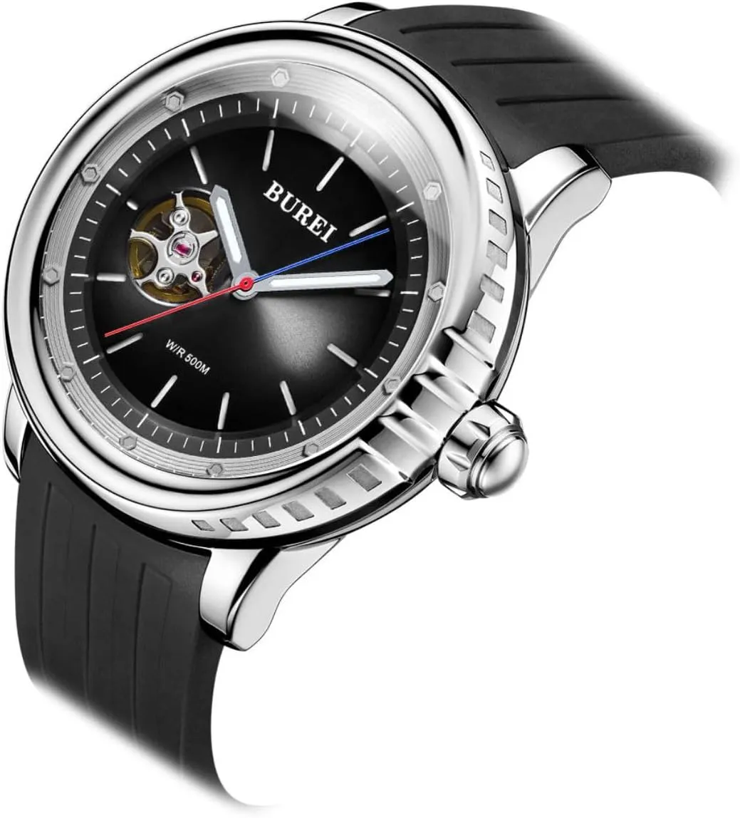 BUREI Automatic Dive Watch Sapphire Glass Wrist Watch Men's 500m Waterproof Watch with Rubber StrapLuminous Hands and Markers