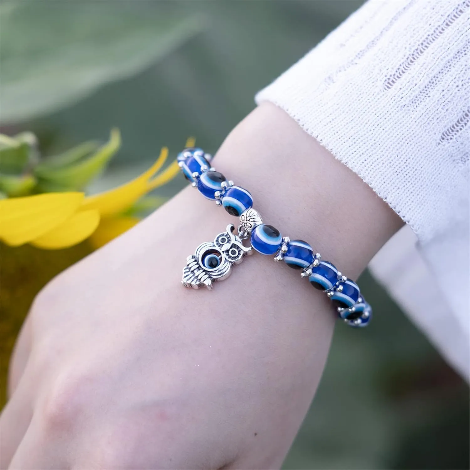 Caiyao Evil Eye Bead Bracelet Stretchy Hamsa Palm of Fatima Hand Butterfly Owl Elephant Tortoise Animal Amulet Bracelet for Women Men Friend Protection Jewelry Good Luck Gift