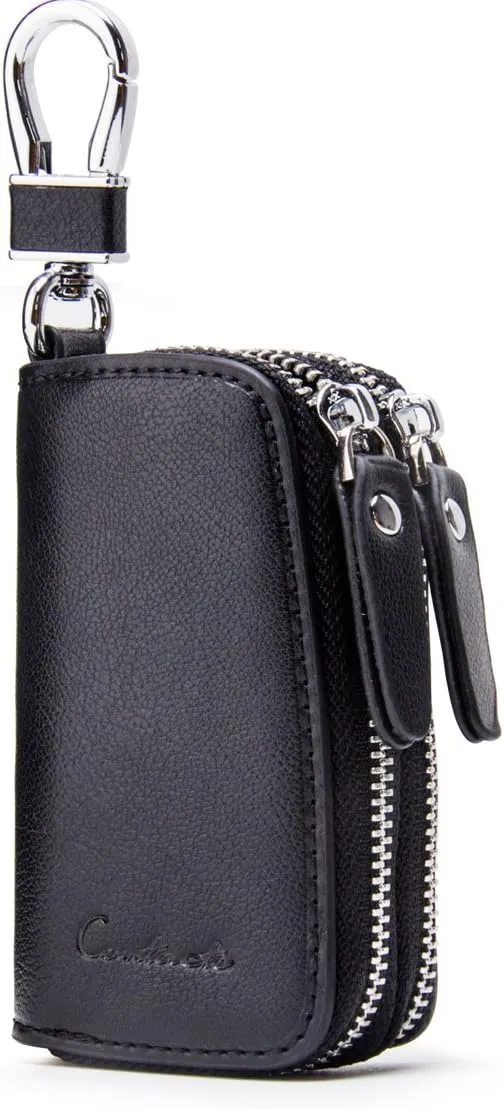 Car Key Case Small Leather Double Zipper Key Holder with 4 Keyrings Keys Organizer for Men Women
