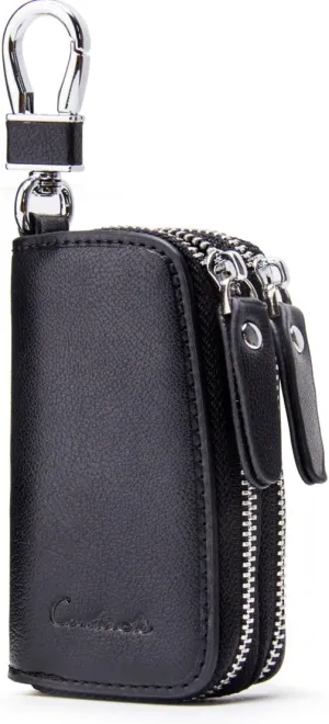 Car Key Case Small Leather Double Zipper Key Holder with 4 Keyrings Keys Organizer for Men Women