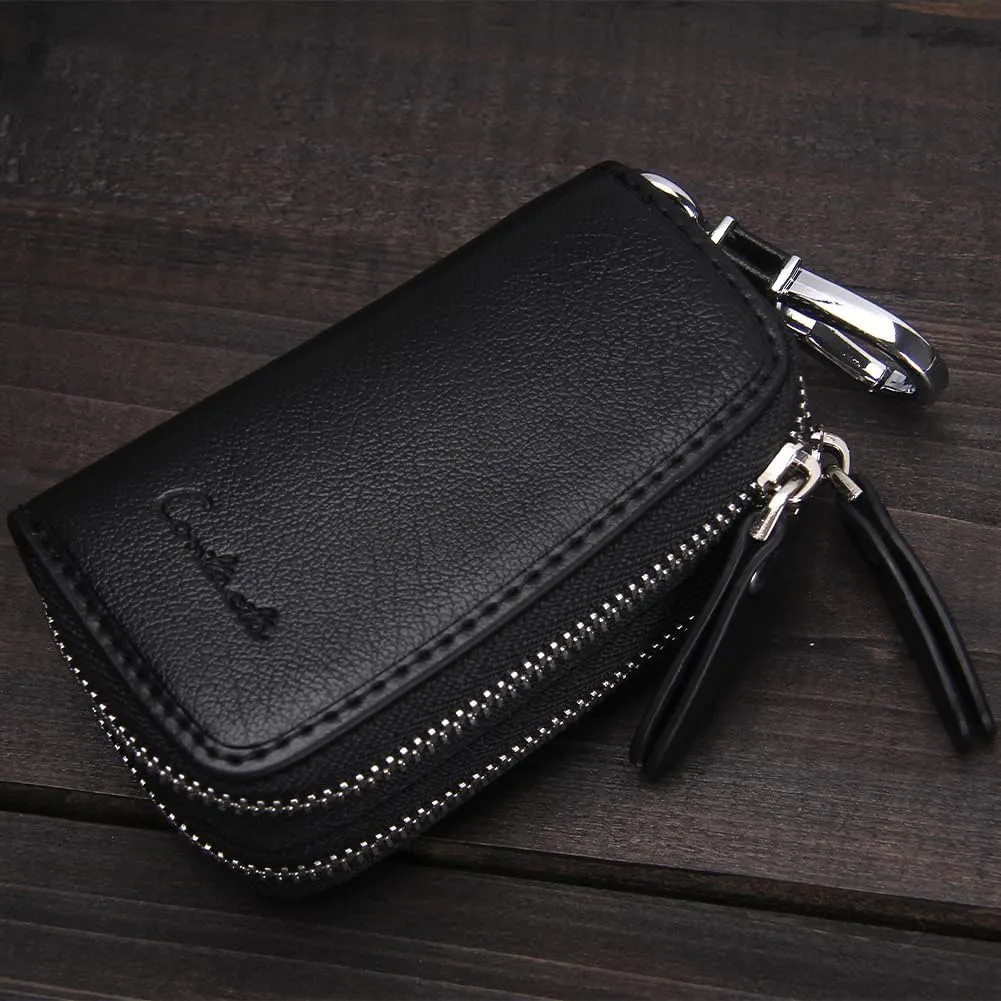 Car Key Case Small Leather Double Zipper Key Holder with 4 Keyrings Keys Organizer for Men Women