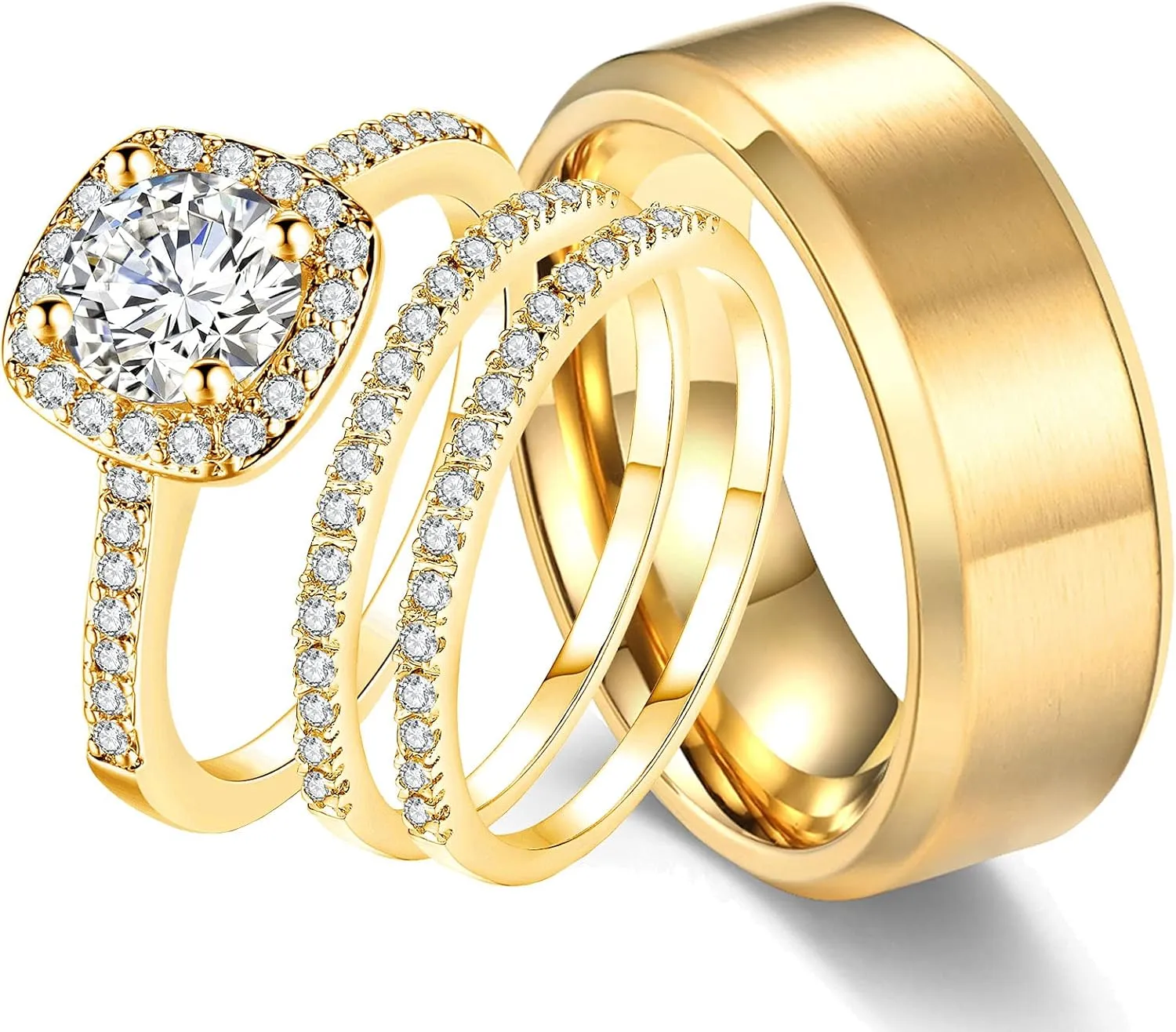 CEJUG 18k Yellow Gold Wedding Ring Sets for Him and Her Women Men Titanium Stainless Steel Bands 2Ct Cz Couple Rings