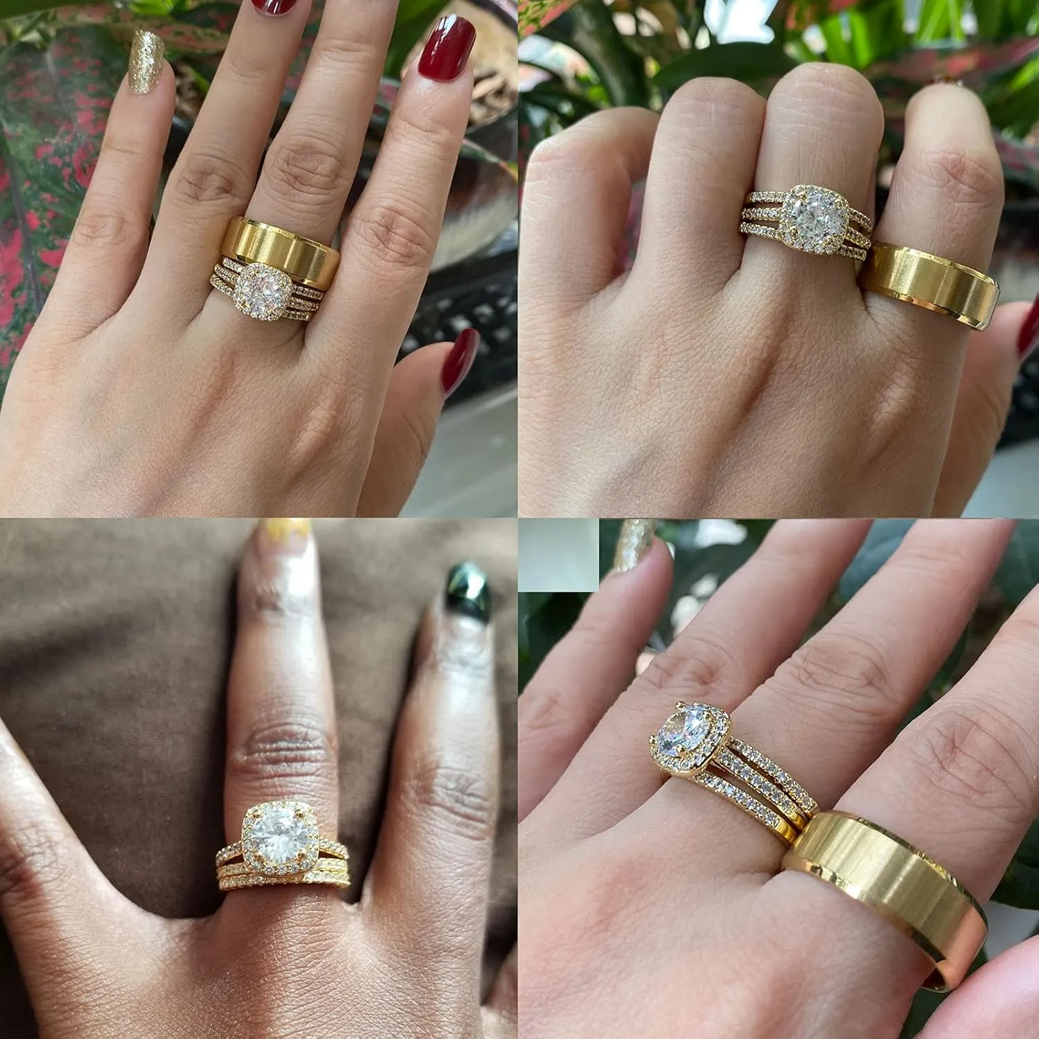 CEJUG 18k Yellow Gold Wedding Ring Sets for Him and Her Women Men Titanium Stainless Steel Bands 2Ct Cz Couple Rings