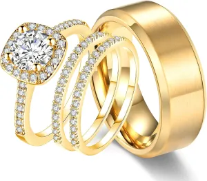 CEJUG 18k Yellow Gold Wedding Ring Sets for Him and Her Women Men Titanium Stainless Steel Bands 2Ct Cz Couple Rings