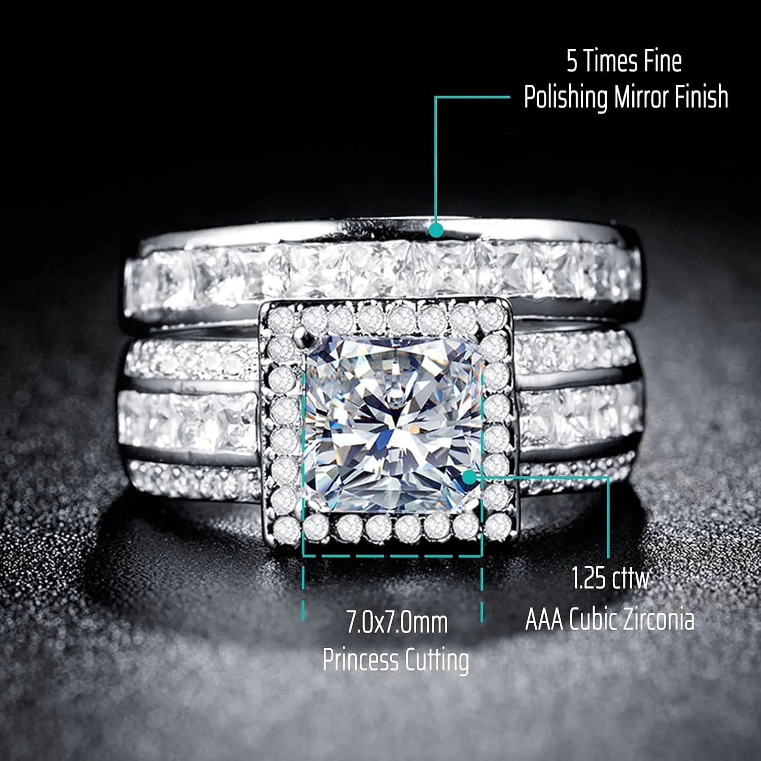 CEJUG 3Ct Princess Wedding Rings for Women Engagement Ring Set Bands 18k White Gold Plated Halo Cz Size 6-10
