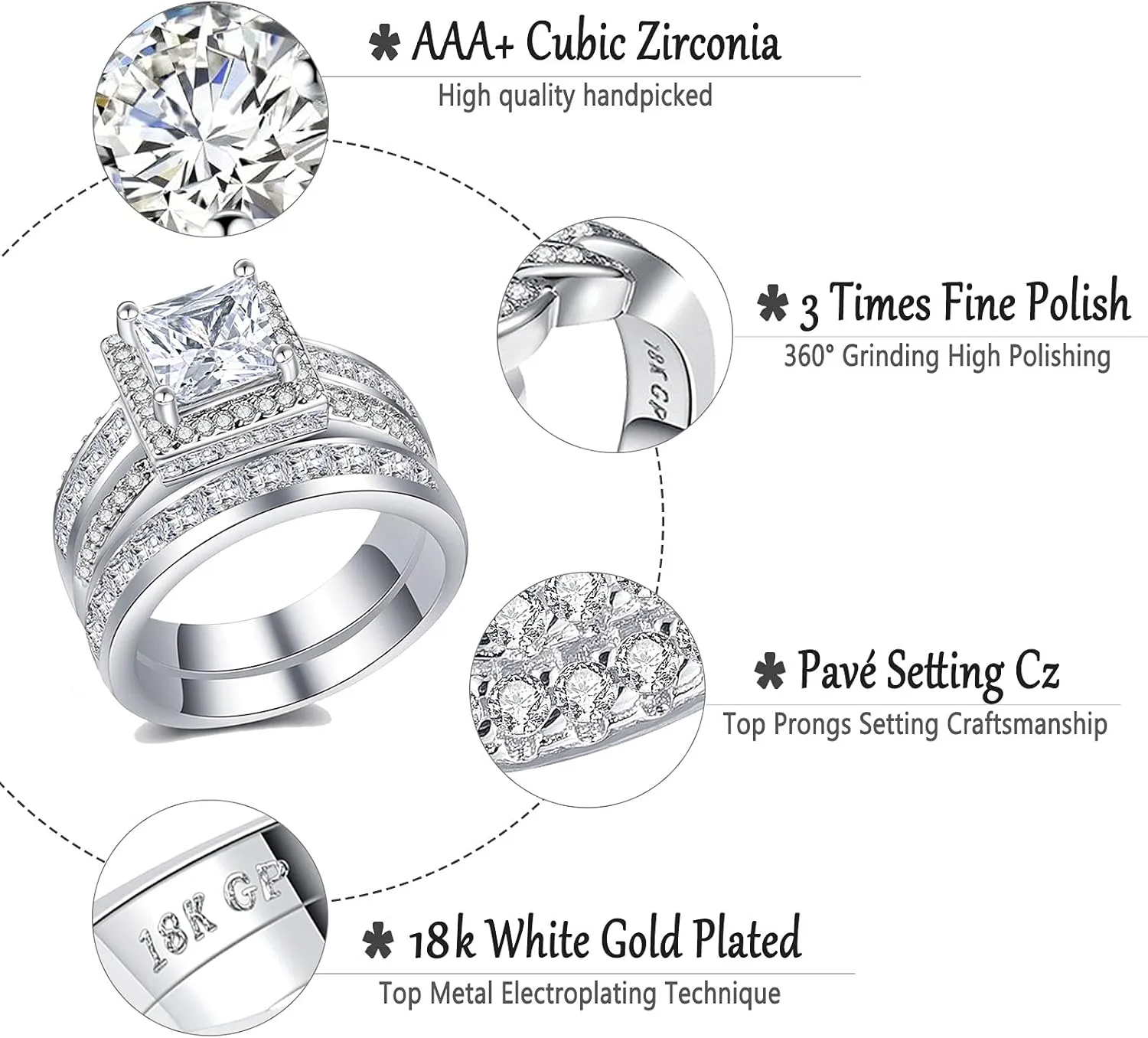 CEJUG 3Ct Princess Wedding Rings for Women Engagement Ring Set Bands 18k White Gold Plated Halo Cz Size 6-10