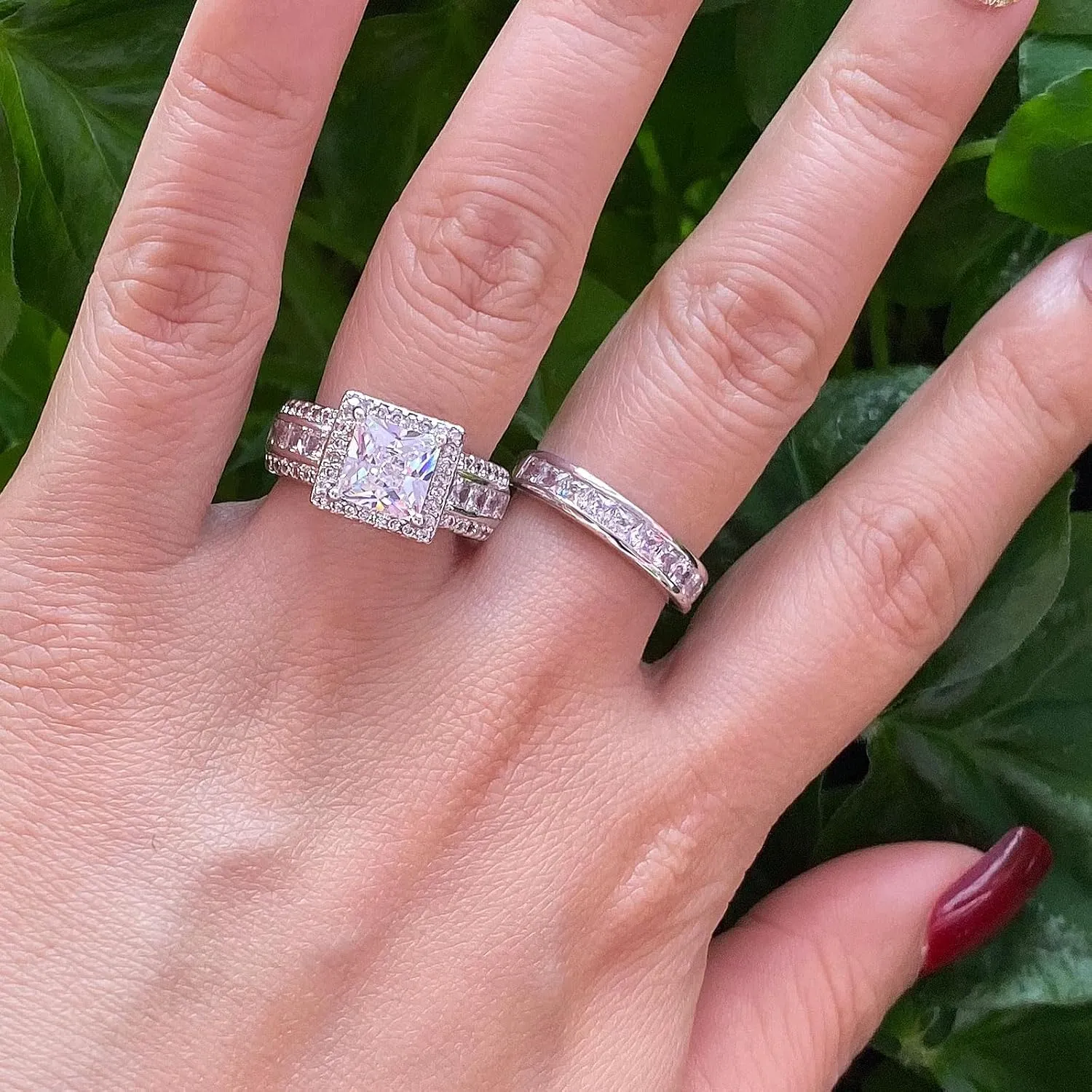 CEJUG 3Ct Princess Wedding Rings for Women Engagement Ring Set Bands 18k White Gold Plated Halo Cz Size 6-10
