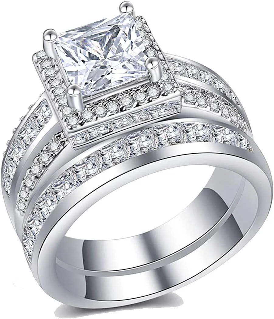 CEJUG 3Ct Princess Wedding Rings for Women Engagement Ring Set Bands 18k White Gold Plated Halo Cz Size 6-10