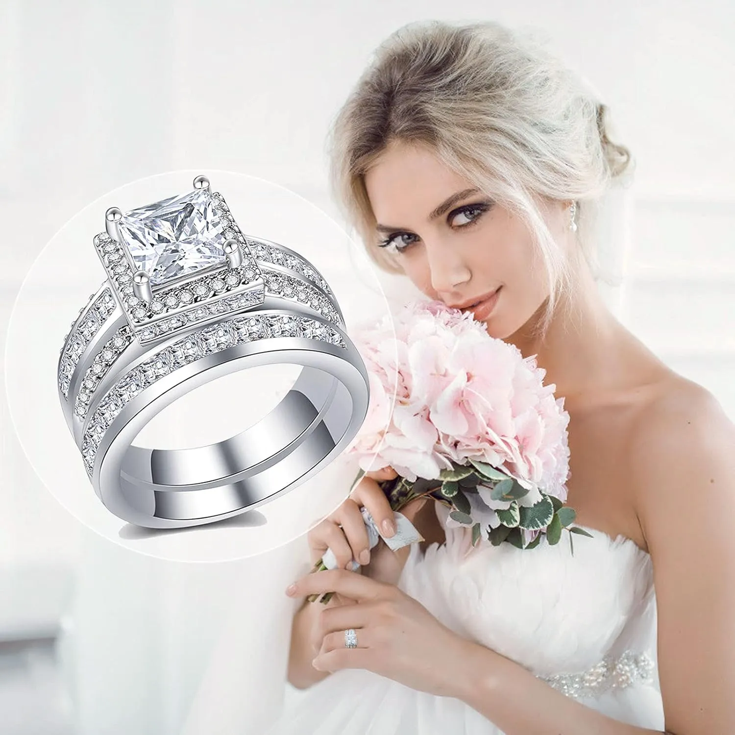 CEJUG 3Ct Princess Wedding Rings for Women Engagement Ring Set Bands 18k White Gold Plated Halo Cz Size 6-10