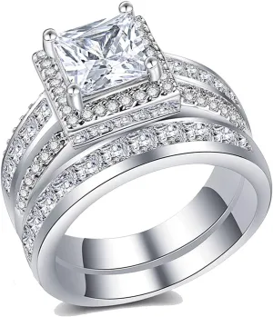 CEJUG 3Ct Princess Wedding Rings for Women Engagement Ring Set Bands 18k White Gold Plated Halo Cz Size 6-10