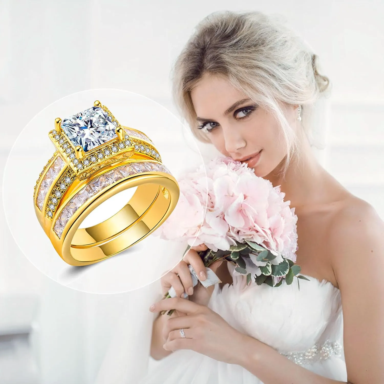 CEJUG 3Ct Princess Wedding Rings for Women Engagement Ring Set Bands 18k White Gold Plated Halo Cz Size 6-10
