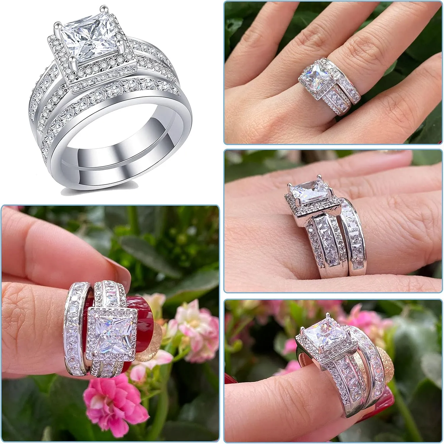 CEJUG 3Ct Princess Wedding Rings for Women Engagement Ring Set Bands 18k White Gold Plated Halo Cz Size 6-10