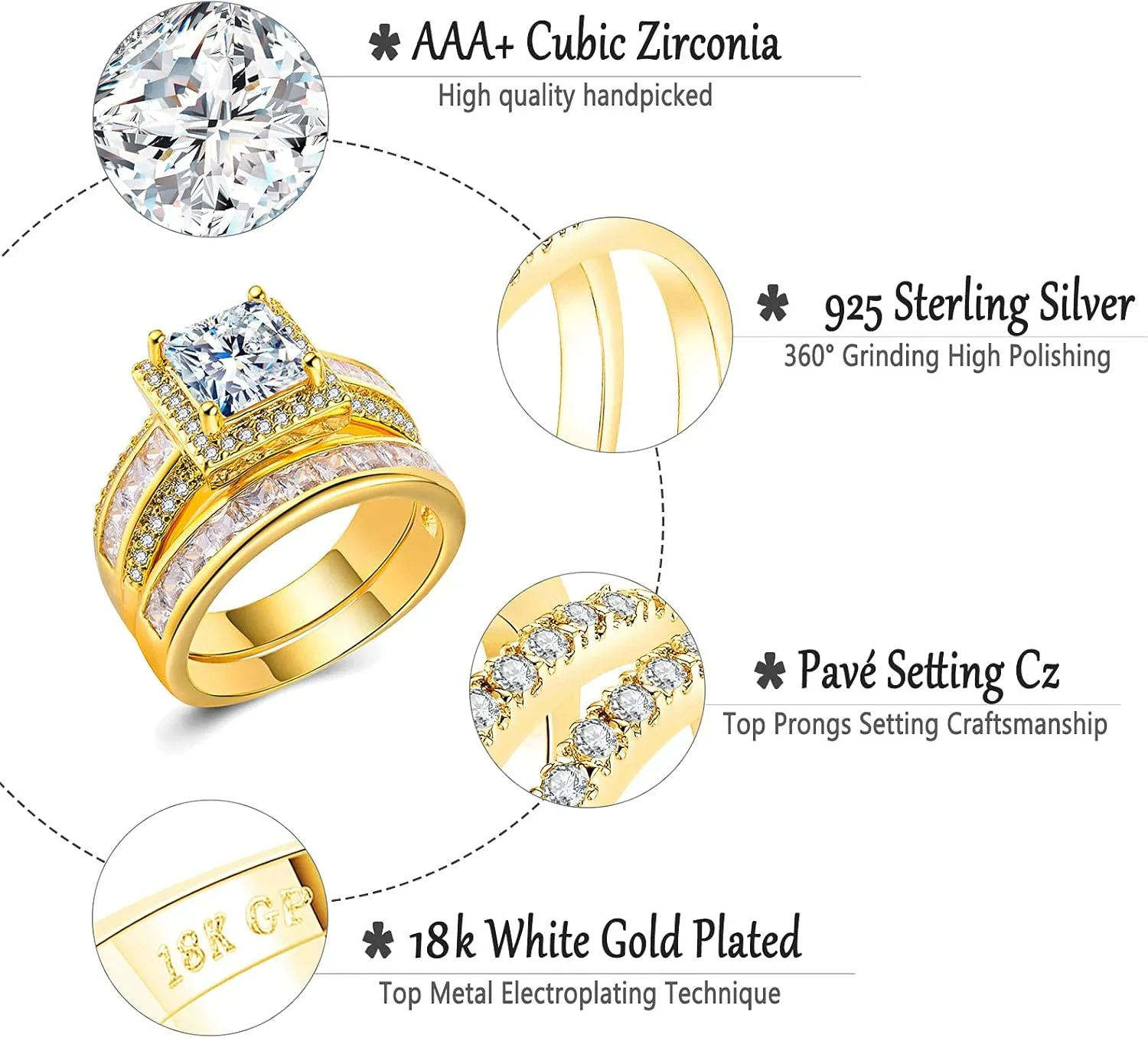 CEJUG 3Ct Princess Wedding Rings for Women Engagement Ring Set Bands 18k White Gold Plated Halo Cz Size 6-10