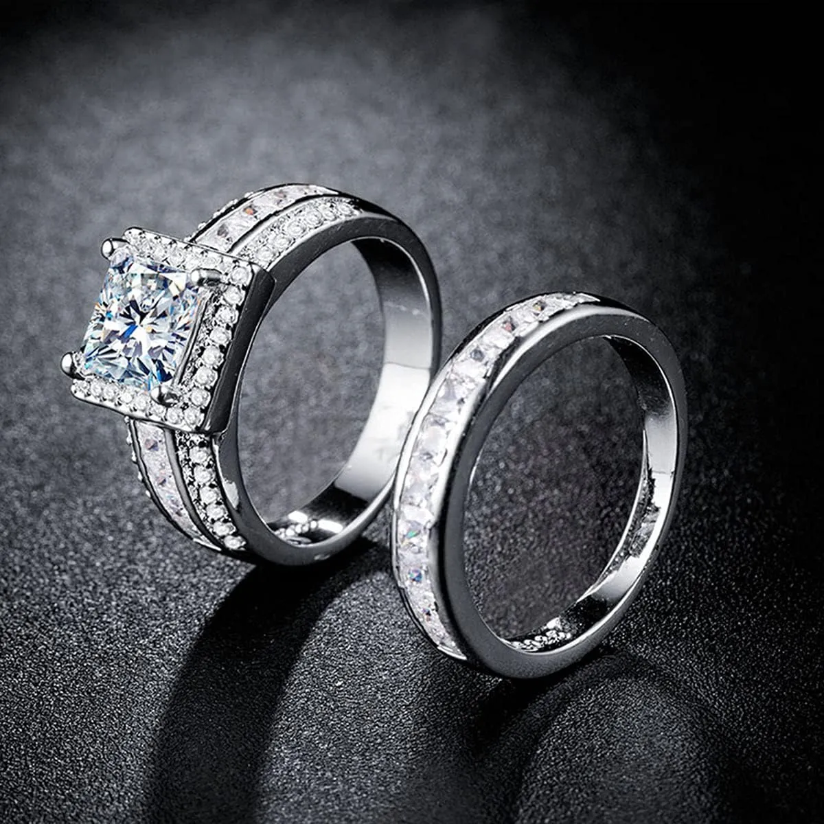 CEJUG 3Ct Princess Wedding Rings for Women Engagement Ring Set Bands 18k White Gold Plated Halo Cz Size 6-10