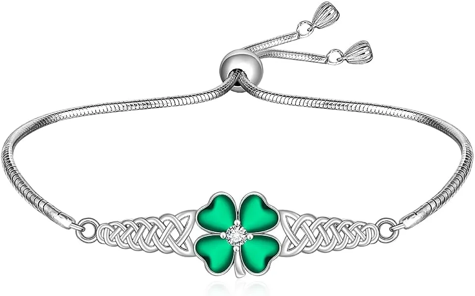 Celtic Shamrock Bracelet for Women St Patricks Day Bracelet Sterling Silver Four Leaf Clover Green Luck Gifts Irish St. Patricks Day Jewelry