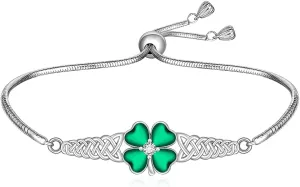 Celtic Shamrock Bracelet for Women St Patricks Day Bracelet Sterling Silver Four Leaf Clover Green Luck Gifts Irish St. Patricks Day Jewelry