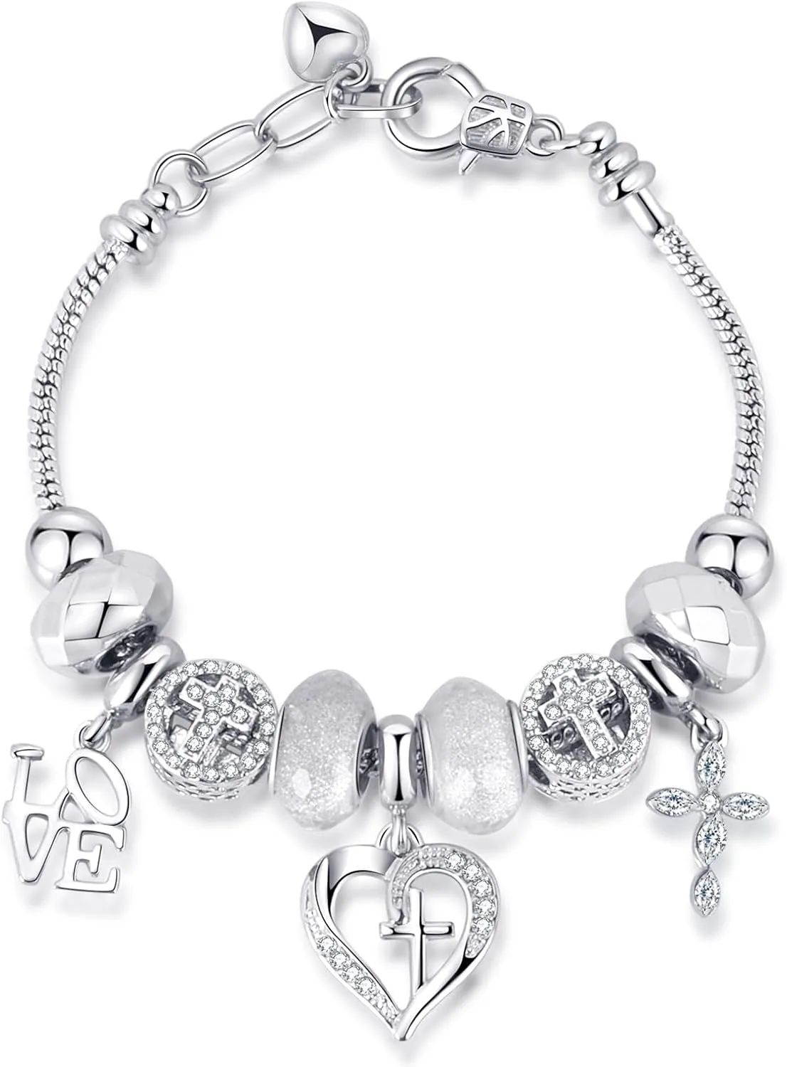 Charm Bracelet for Women, with Crystal and Heart Shape Glass Beads Sliver CZ Cross Snake Chain Bracelet, Trendy Charm Bracelet Jewelry Valentine's Day Gifts for Women