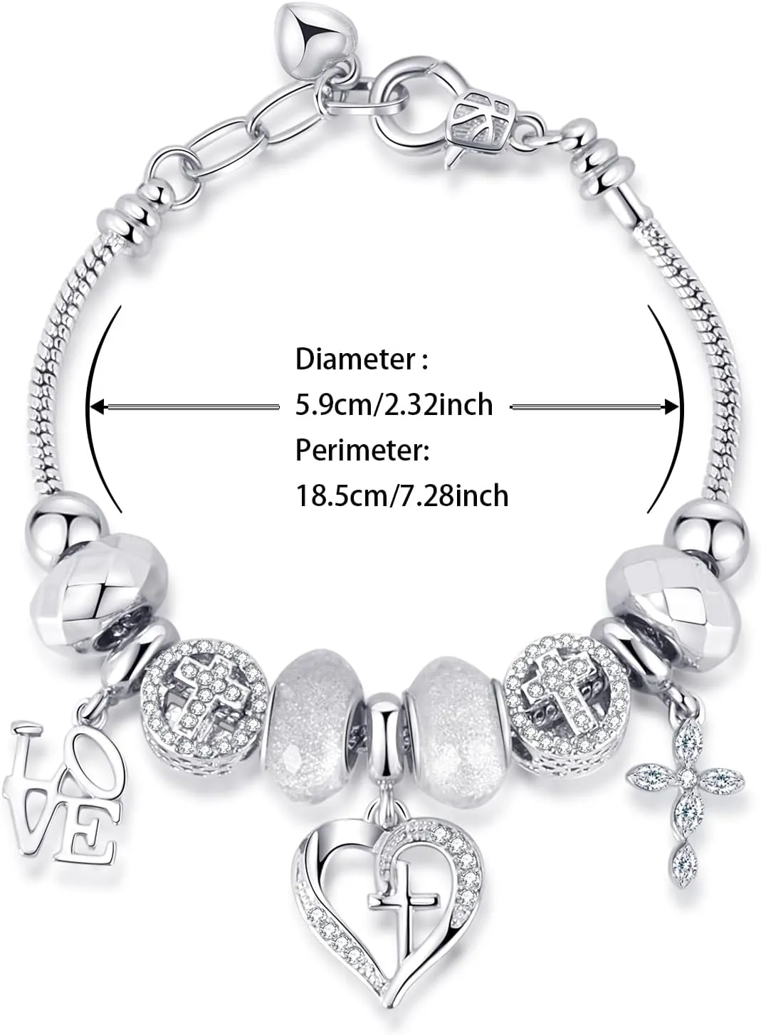 Charm Bracelet for Women, with Crystal and Heart Shape Glass Beads Sliver CZ Cross Snake Chain Bracelet, Trendy Charm Bracelet Jewelry Valentine's Day Gifts for Women