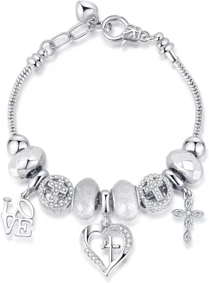 Charm Bracelet for Women, with Crystal and Heart Shape Glass Beads Sliver CZ Cross Snake Chain Bracelet, Trendy Charm Bracelet Jewelry Valentine's Day Gifts for Women