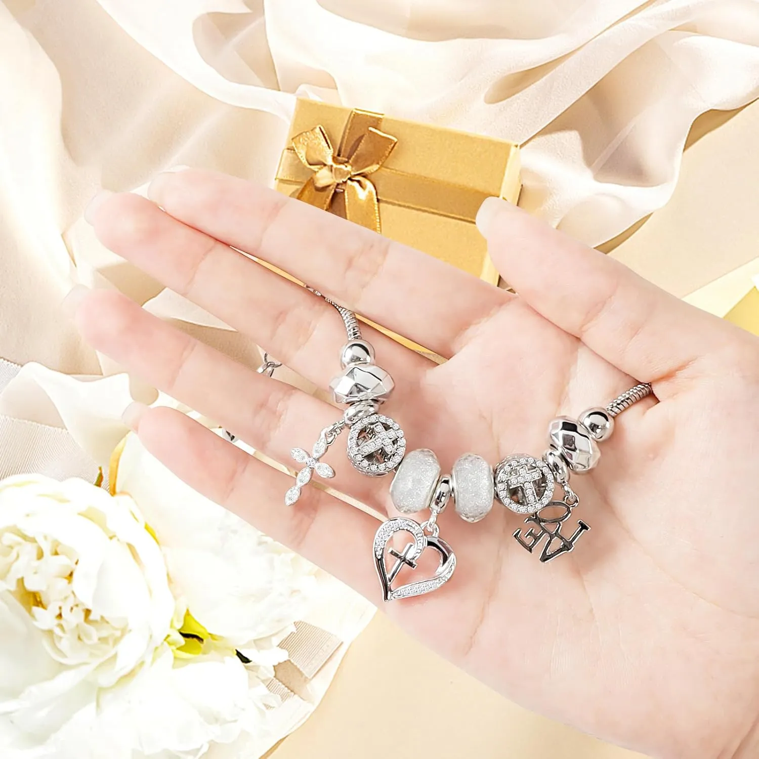 Charm Bracelet for Women, with Crystal and Heart Shape Glass Beads Sliver CZ Cross Snake Chain Bracelet, Trendy Charm Bracelet Jewelry Valentine's Day Gifts for Women