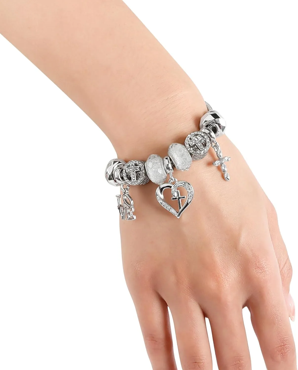 Charm Bracelet for Women, with Crystal and Heart Shape Glass Beads Sliver CZ Cross Snake Chain Bracelet, Trendy Charm Bracelet Jewelry Valentine's Day Gifts for Women