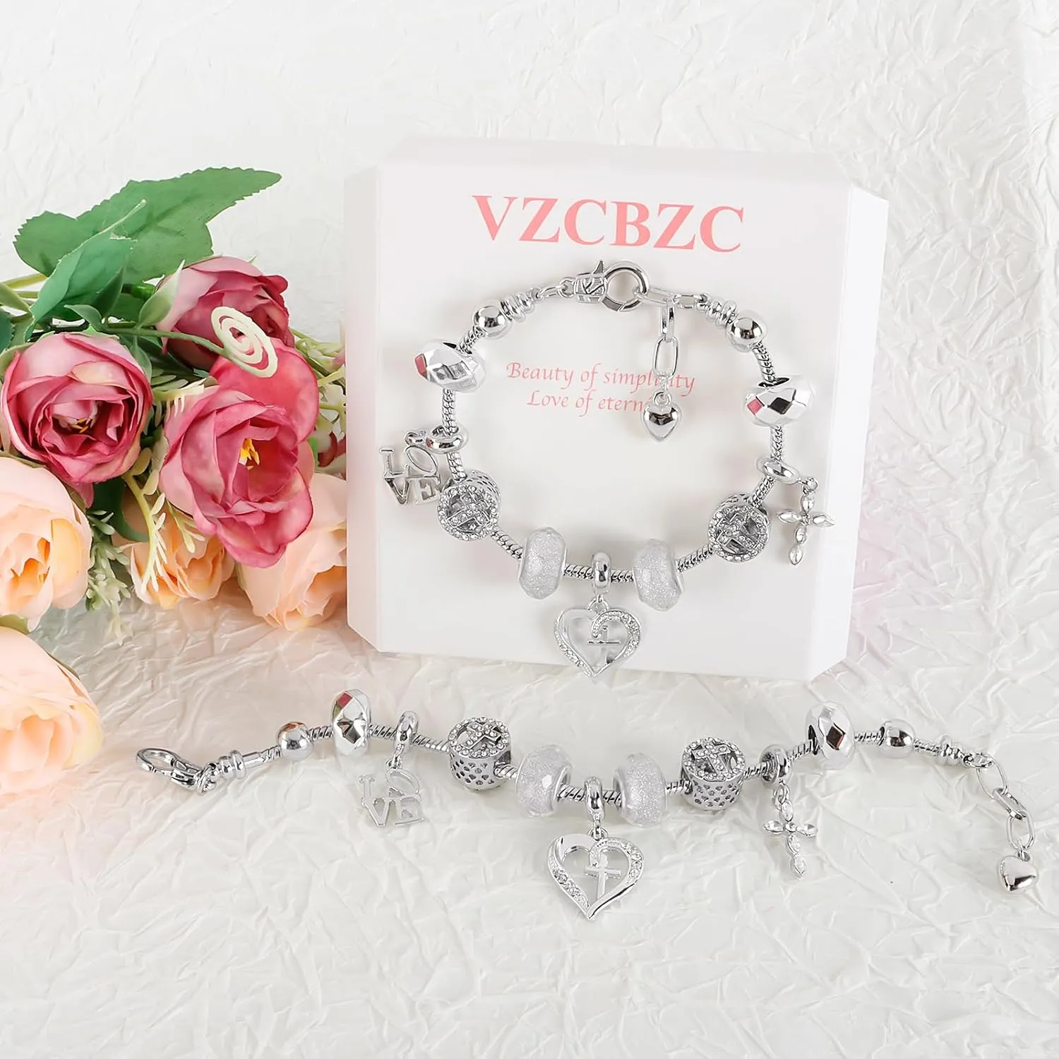 Charm Bracelet for Women, with Crystal and Heart Shape Glass Beads Sliver CZ Cross Snake Chain Bracelet, Trendy Charm Bracelet Jewelry Valentine's Day Gifts for Women