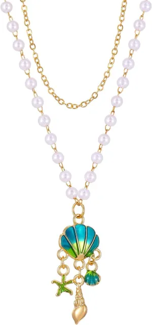 Charm Shell Starfish Conch Pendant Necklace for Women,Dainty Summe Beach Pearl Chain Layered Necklaces for Woman,18k Gold Plated Simple Jewelry