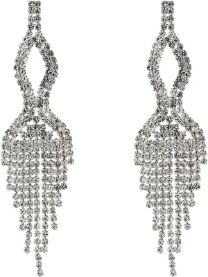 Chran Silver Rhienstone Long Tassels Earrings for Women Beautiful Bling Crystal Ladies Gift