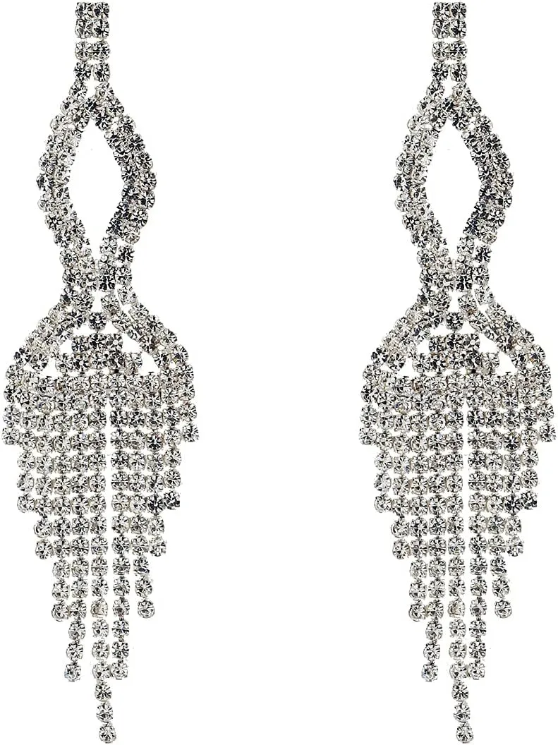 Chran Silver Rhienstone Long Tassels Earrings for Women Beautiful Bling Crystal Ladies Gift