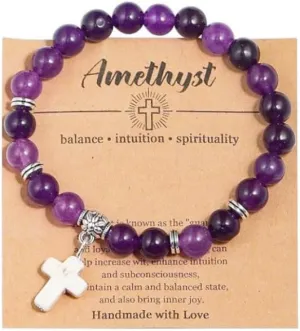 Christian Cross Natural Stone Beads Bracelet Energy Crystal Cross Charm Strechy Bracelets Crucifix Anxiety Yoga Catholic Religious Jewelry