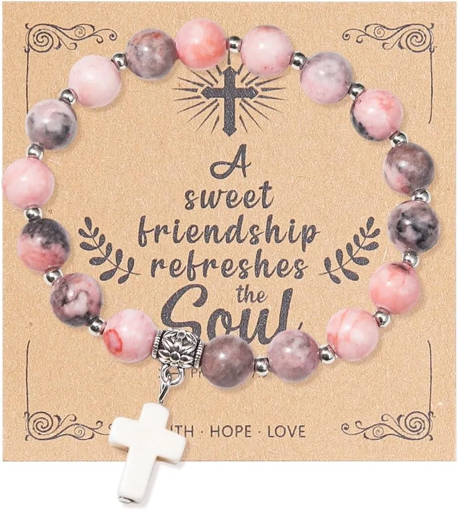 Christian Gifts for Women, Men Cross Beads Stretch Bracelet Catholic Religious Jewelry Gifts Natural Stone Pink Zebra Bracelet for Godmother, Mothers Day Gifts,Birthday Gifts,Easter Jewelry Gifts,Inspirational Gifts