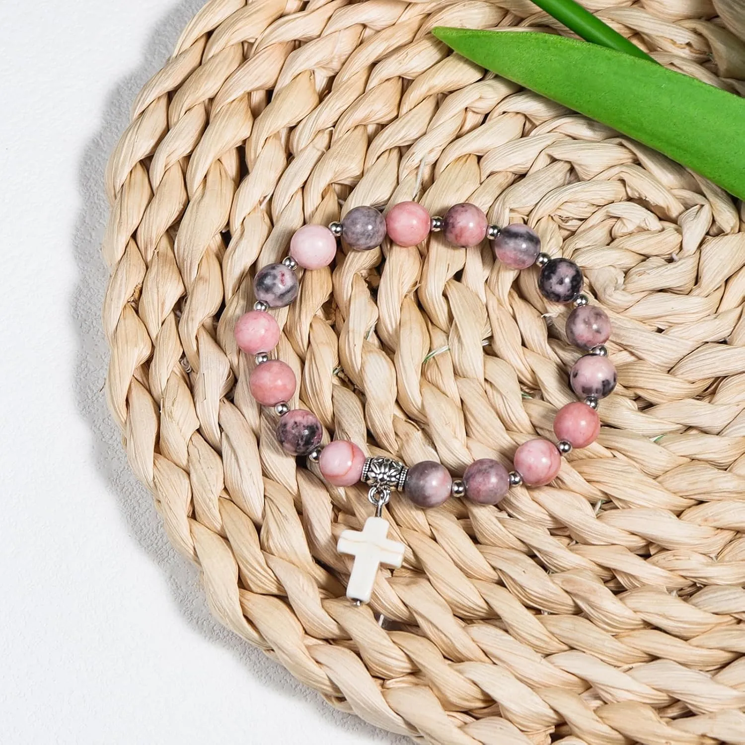 Christian Gifts for Women, Men Cross Beads Stretch Bracelet Catholic Religious Jewelry Gifts Natural Stone Pink Zebra Bracelet for Godmother, Mothers Day Gifts,Birthday Gifts,Easter Jewelry Gifts,Inspirational Gifts