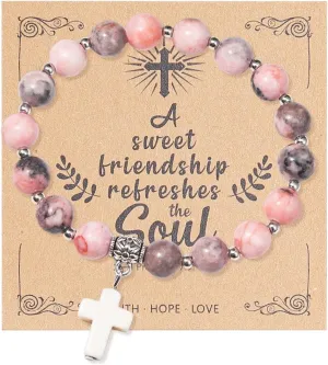 Christian Gifts for Women, Men Cross Beads Stretch Bracelet Catholic Religious Jewelry Gifts Natural Stone Pink Zebra Bracelet for Godmother, Mothers Day Gifts,Birthday Gifts,Easter Jewelry Gifts,Inspirational Gifts