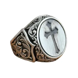 Christian Men Ring, Silver Cross Ring, Religious Rings, Engraved Silver Cross Ring, Man Signet Ring, Crucifix Signet Ring, Gift For Him