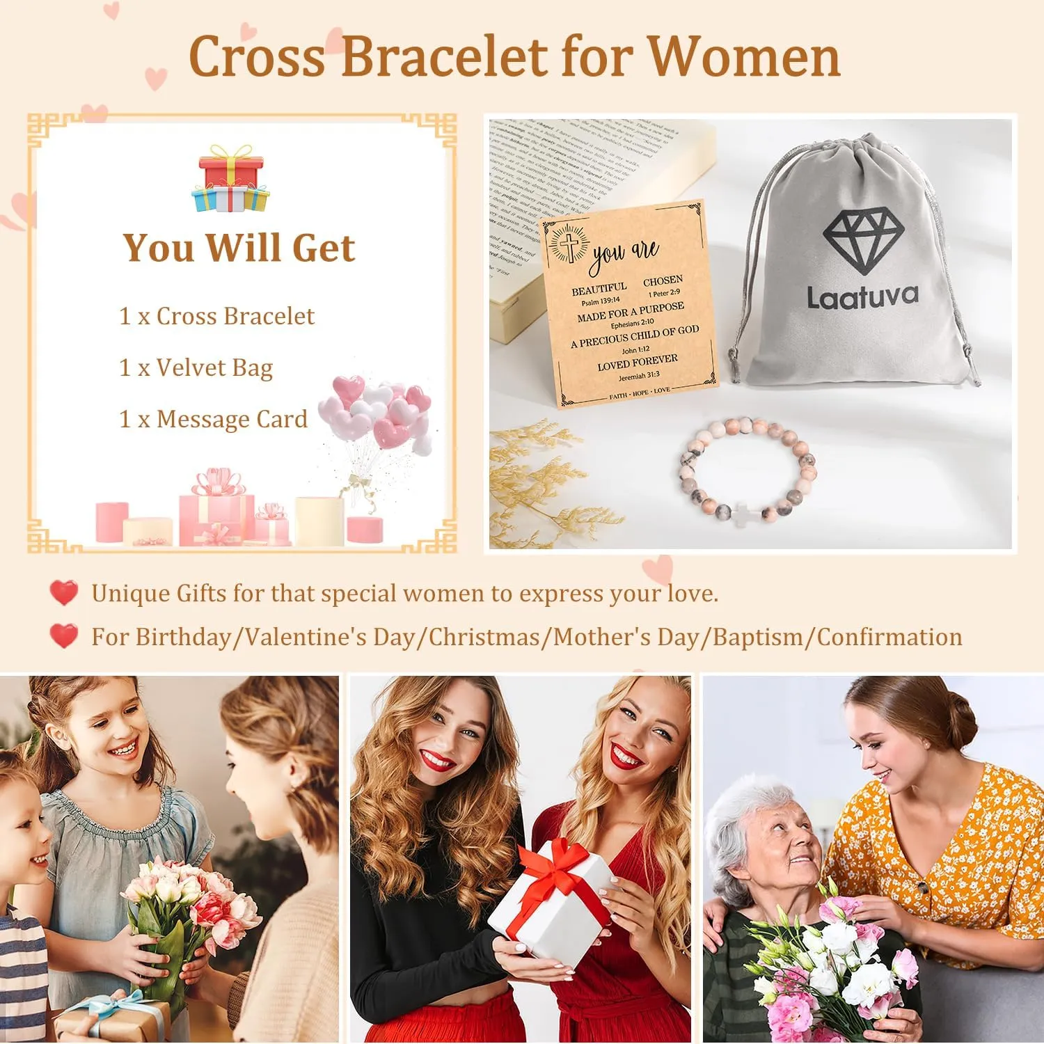 Christian Mothers-Day Gifts for Women, First Communion Confirmation Graduation Gifts Cross Bracelet, Inspirational Religious Birthday Bracelet for Her/Mom/Grandma/Daughter/Granddaughter/Friends/Sister/Godmother, Jesus Faith Jewelry