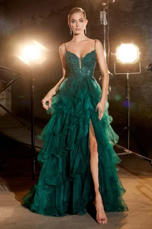Cinderella Divine CC2998 Ladivine Tiered Emerald Ball Gown