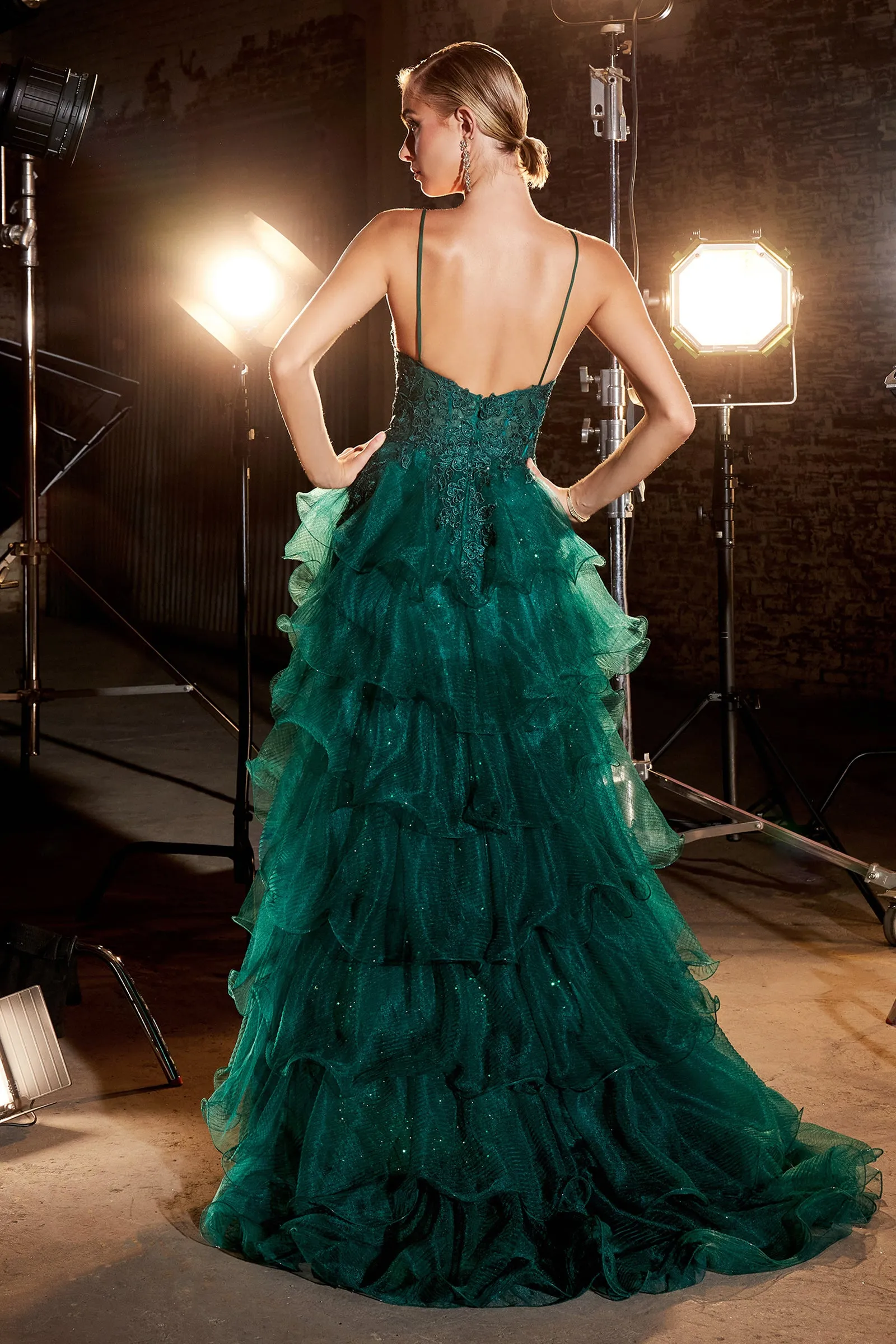 Cinderella Divine CC2998 Ladivine Tiered Emerald Ball Gown