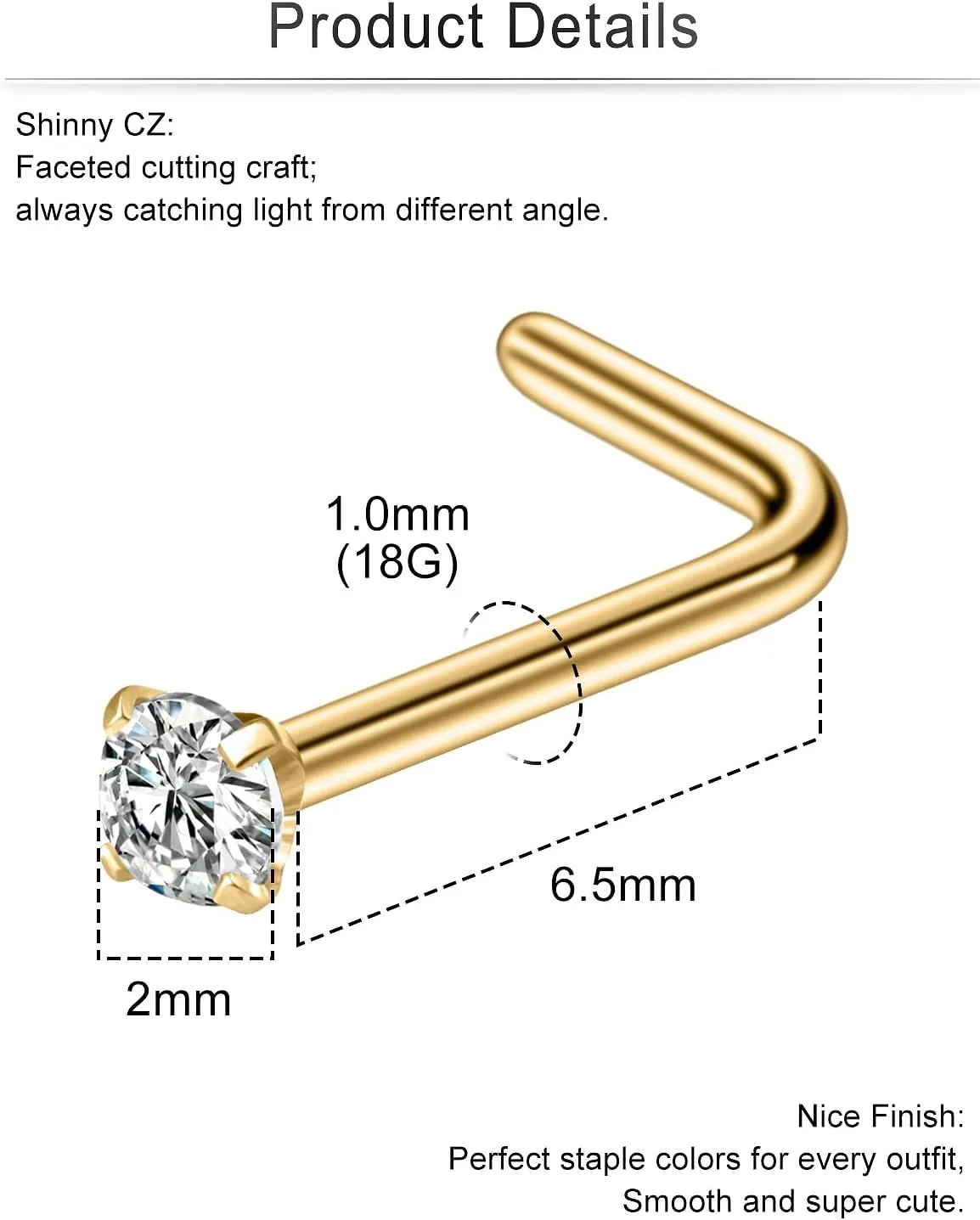 Cisyozi 18G Nose Rings Studs Hypoallergenic Nose Piercings 316L Surgical Steel Silver Nose Rings Set L Shaped Nose Nostril Piercing Jewelry for Women Men Diamond CZ 1.5mm 2mm 2.5mm 3mm 3.5mm 4mm