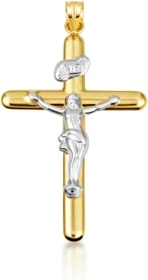 Claddagh Gold 14K Two Tone Gold Sacred INRI Jesus Christ Cross Crucifix Pendant Necklace