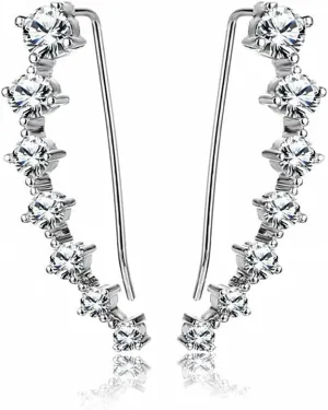 Clear Diamond Climbers Cuff Wrap Cubic Zirconia 925 Sterling Silver Fashion Stud Crawler Pierced Sweep up Earrings for Women 7 Crystal CZ Hypoallergenic Sensitive Ears Gifts for Bff Birthday