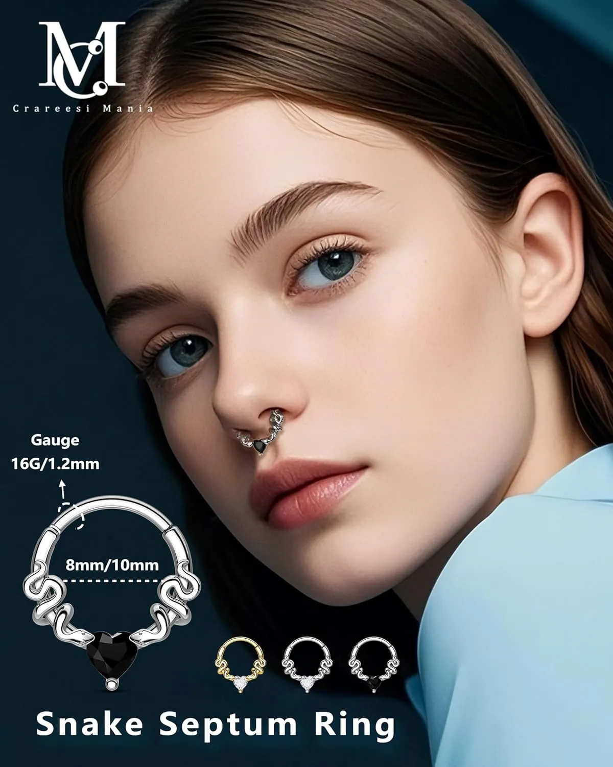 CM Crareesi Mania Septum Rings Snake Septum Piercing Jewelry 316L Stainless Steel Septum Clicker 16G Heart CZ Septum Nose Rings Daith Piercing Jewelry