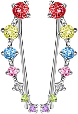 Colorful Climbers Cuff Wrap Cubic Zirconia S925 Sterling Silver Fashion Studs Crawler Pierced Earrings for Women 7 Crystal CZ Hypoallergenic for Sensitive Ears Gifts for Birthday Sister Bff