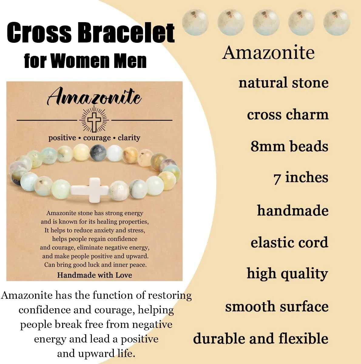 COLOYAN Christian Cross Beaded Bracelet Religious Cross Bracelet 8mm Natural Stone Healing Stretch Bracelets for Women Men