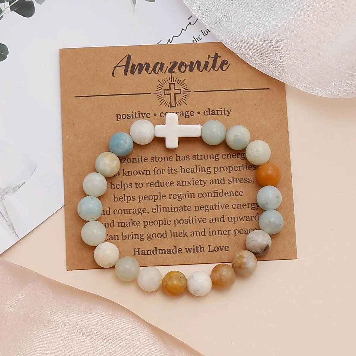 COLOYAN Christian Cross Beaded Bracelet Religious Cross Bracelet 8mm Natural Stone Healing Stretch Bracelets for Women Men