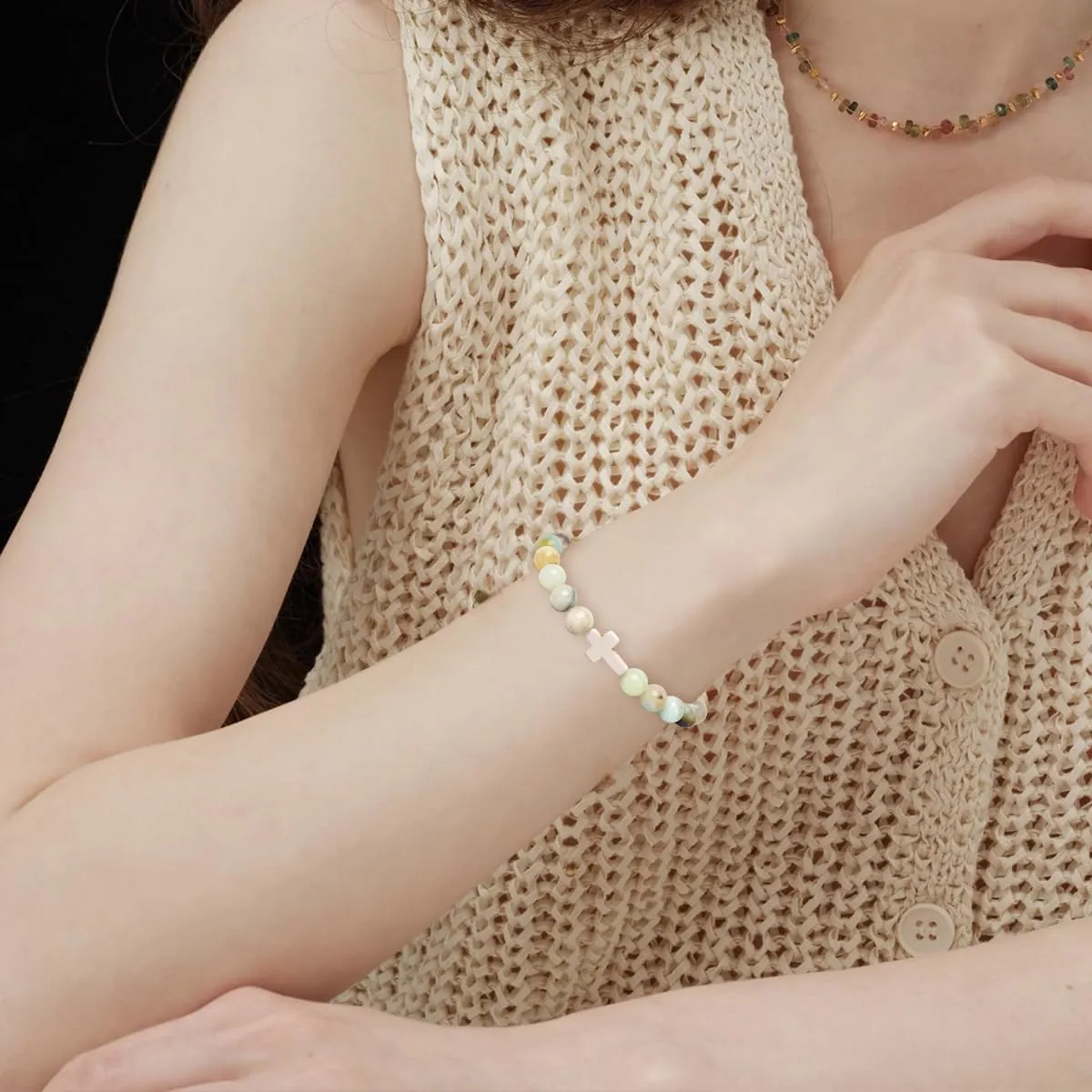 COLOYAN Christian Cross Beaded Bracelet Religious Cross Bracelet 8mm Natural Stone Healing Stretch Bracelets for Women Men