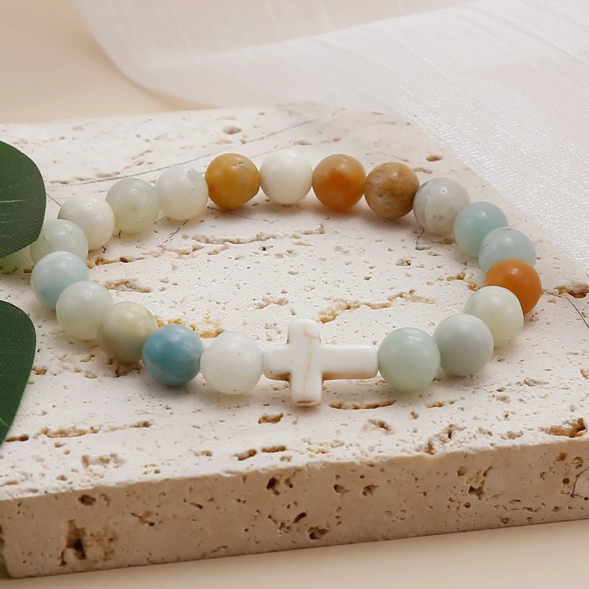 COLOYAN Christian Cross Beaded Bracelet Religious Cross Bracelet 8mm Natural Stone Healing Stretch Bracelets for Women Men