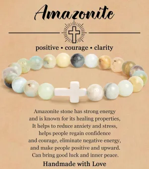 COLOYAN Christian Cross Beaded Bracelet Religious Cross Bracelet 8mm Natural Stone Healing Stretch Bracelets for Women Men