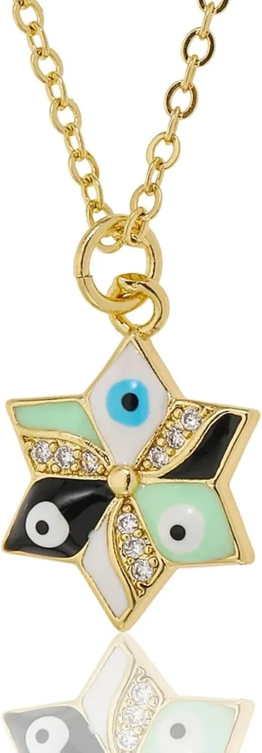 Copper Micro-inlaid Dripping Oil Hexagram Evil Eye Jewish Star of David Pendant Chain Necklace Unisex Multicolor Enamel Cubic Zirconia Crystal Stone Hip-Hop Personality Jewelry Gift