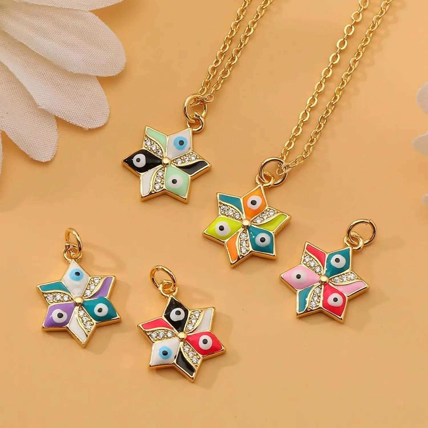 Copper Micro-inlaid Dripping Oil Hexagram Evil Eye Jewish Star of David Pendant Chain Necklace Unisex Multicolor Enamel Cubic Zirconia Crystal Stone Hip-Hop Personality Jewelry Gift